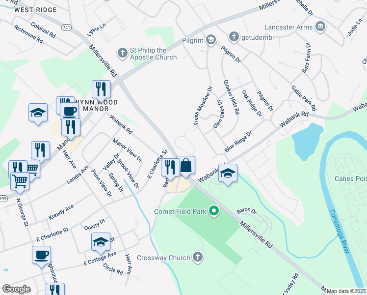 map of restaurants, bars, coffee shops, grocery stores, and more near 165 Oak Knoll Circle in Millersville