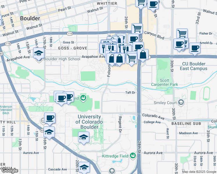 map of restaurants, bars, coffee shops, grocery stores, and more near 1400 Folsom Street in Boulder