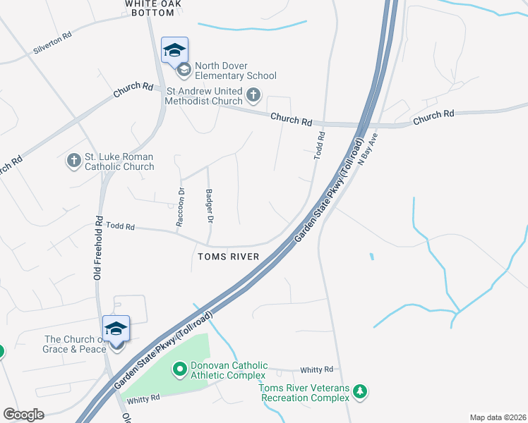 map of restaurants, bars, coffee shops, grocery stores, and more near 1607 Otter Drive in Toms River