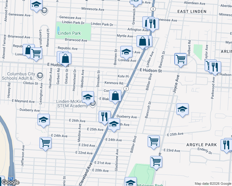 map of restaurants, bars, coffee shops, grocery stores, and more near 2161 Cleveland Avenue in Columbus