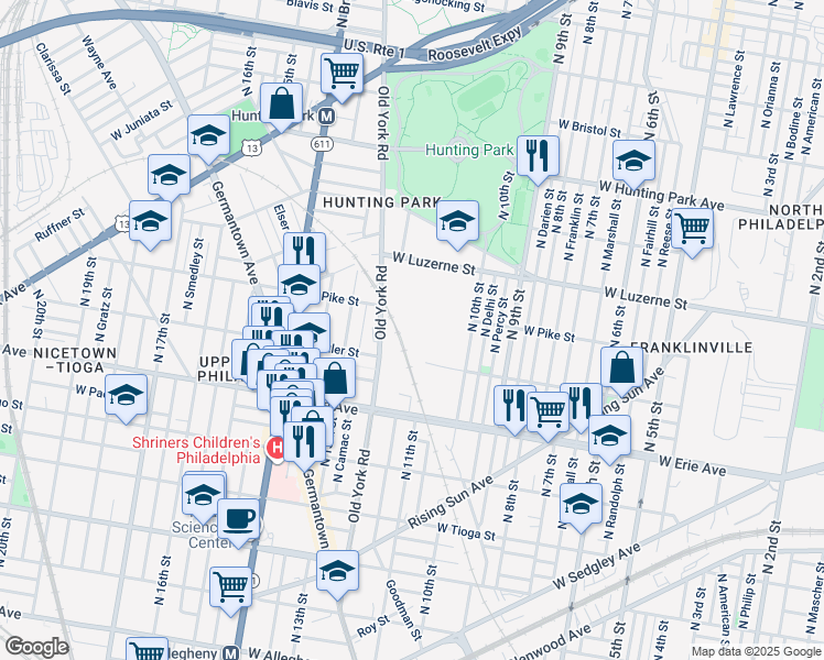 map of restaurants, bars, coffee shops, grocery stores, and more near 1640 West Erie Avenue in Philadelphia