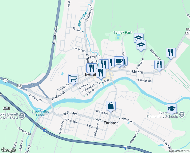 map of restaurants, bars, coffee shops, grocery stores, and more near 10 East Main Street in Everett