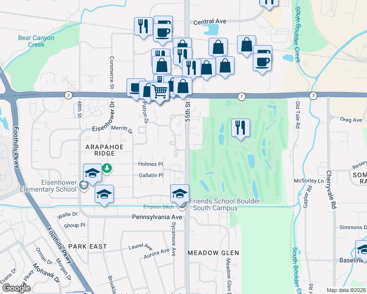 map of restaurants, bars, coffee shops, grocery stores, and more near 1380 55th Street in Boulder