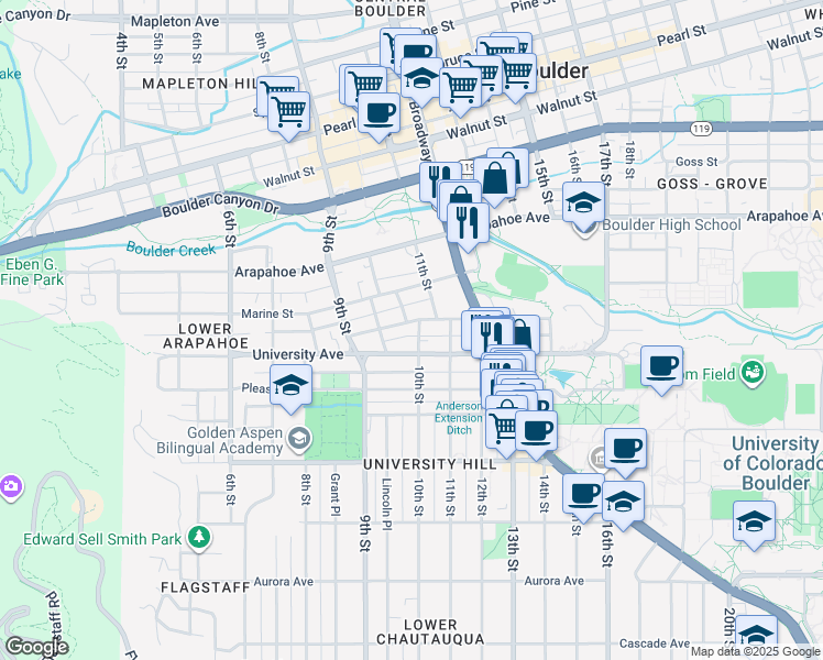 map of restaurants, bars, coffee shops, grocery stores, and more near 966 Grandview Avenue in Boulder