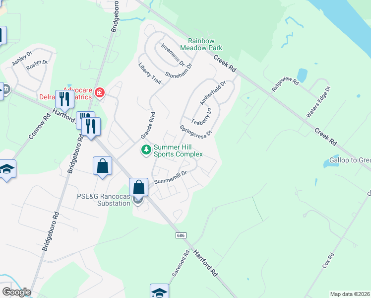 map of restaurants, bars, coffee shops, grocery stores, and more near 18 Foxglove Drive in Delran