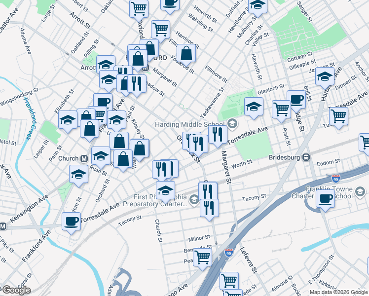 map of restaurants, bars, coffee shops, grocery stores, and more near 4569 Ditman Street in Philadelphia