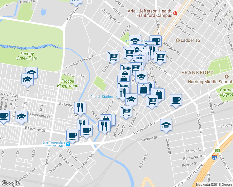 map of restaurants, bars, coffee shops, grocery stores, and more near 4283 Griscom Street in Philadelphia