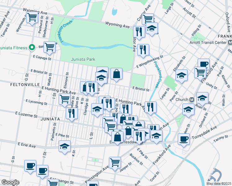 map of restaurants, bars, coffee shops, grocery stores, and more near 4223 Maywood Street in Philadelphia