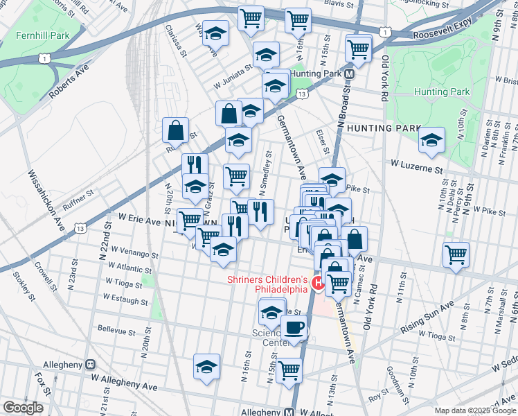 map of restaurants, bars, coffee shops, grocery stores, and more near 3742 North 16th Street in Philadelphia