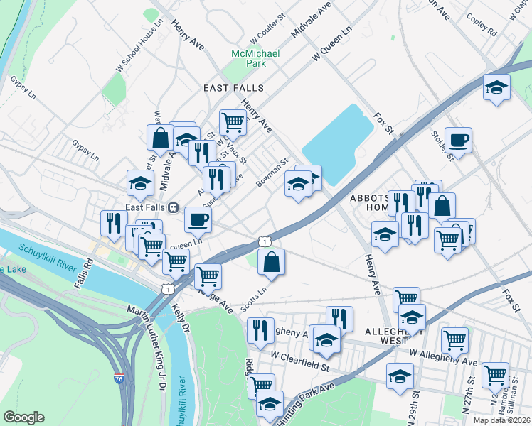 map of restaurants, bars, coffee shops, grocery stores, and more near 3301 Scotts Lane in Philadelphia