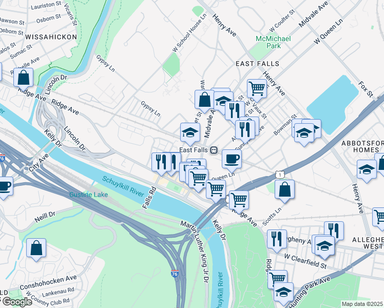 map of restaurants, bars, coffee shops, grocery stores, and more near in Philadelphia