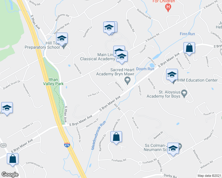 map of restaurants, bars, coffee shops, grocery stores, and more near 405 Barbara Lane in Bryn Mawr