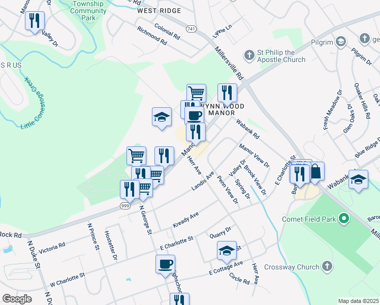 map of restaurants, bars, coffee shops, grocery stores, and more near 222 Manor Avenue in Millersville