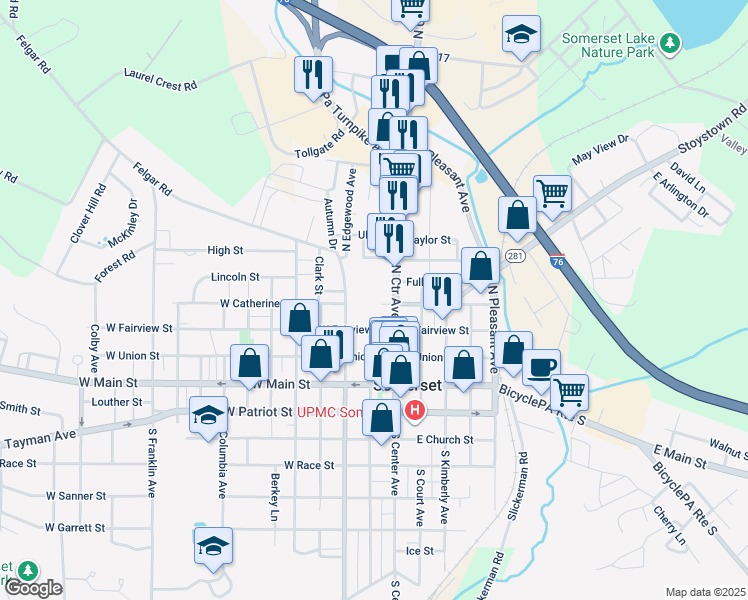 map of restaurants, bars, coffee shops, grocery stores, and more near 120 West Catherine Street in Somerset