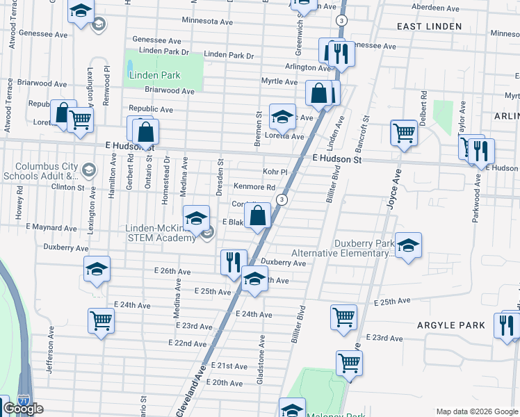 map of restaurants, bars, coffee shops, grocery stores, and more near 2161 Cleveland Avenue in Columbus
