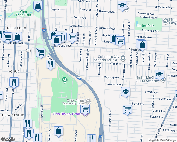 map of restaurants, bars, coffee shops, grocery stores, and more near 2257 Hiawatha Park Drive in Columbus