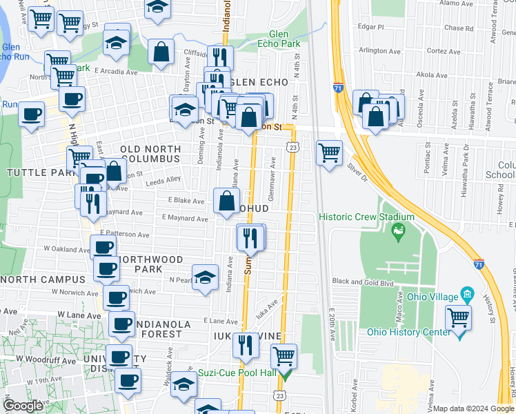 map of restaurants, bars, coffee shops, grocery stores, and more near 395 East Maynard Avenue in Columbus