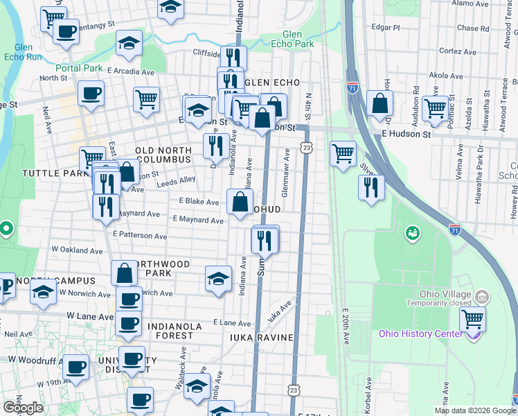 map of restaurants, bars, coffee shops, grocery stores, and more near in Columbus