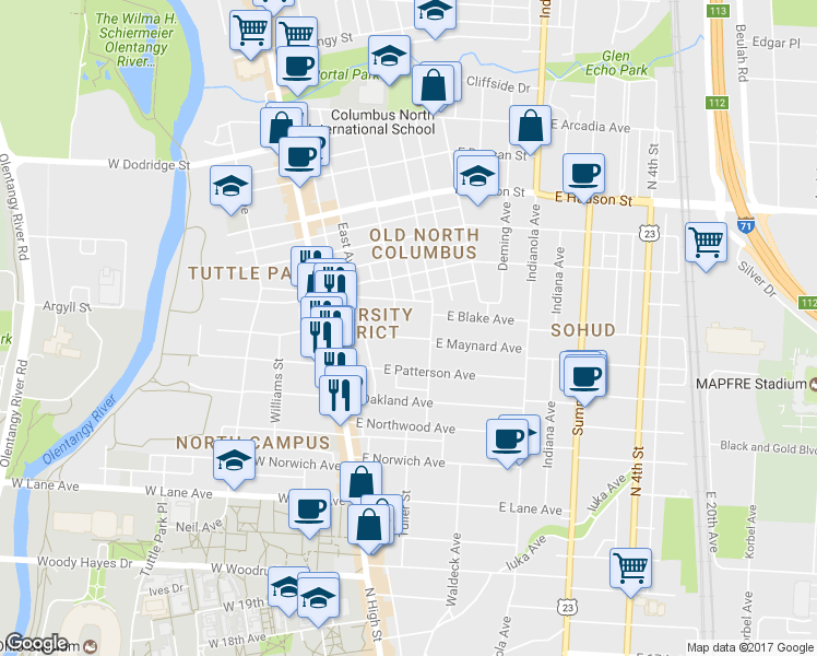 map of restaurants, bars, coffee shops, grocery stores, and more near 122 East Maynard Avenue in Columbus