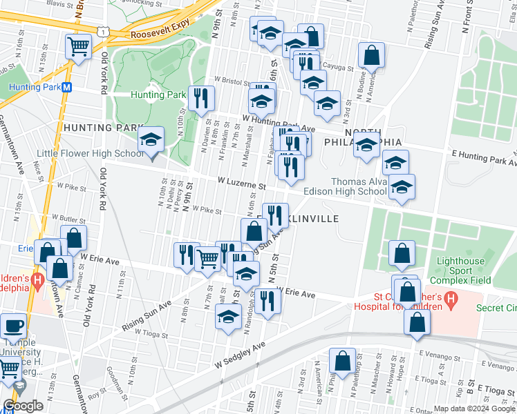 map of restaurants, bars, coffee shops, grocery stores, and more near 3920 North Fairhill Street in Philadelphia