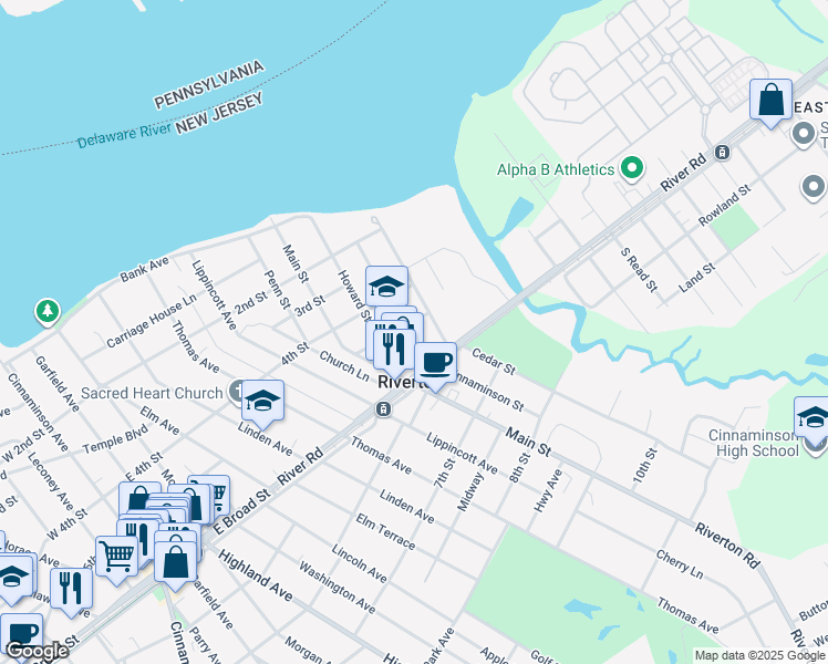 map of restaurants, bars, coffee shops, grocery stores, and more near 507 Cinnaminson Street in Riverton