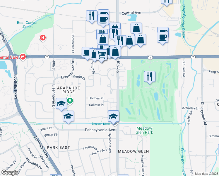 map of restaurants, bars, coffee shops, grocery stores, and more near 1401 Lodge Lane in Boulder