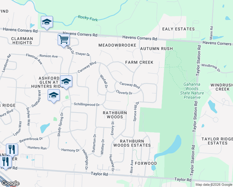 map of restaurants, bars, coffee shops, grocery stores, and more near 297 Winfall Drive in Columbus