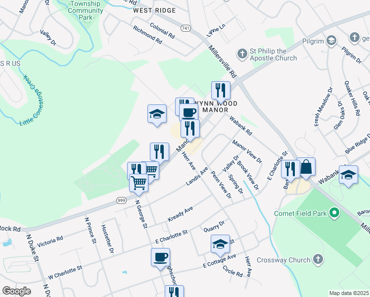 map of restaurants, bars, coffee shops, grocery stores, and more near 222 Manor Avenue in Millersville