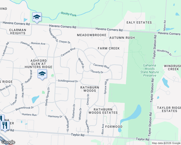 map of restaurants, bars, coffee shops, grocery stores, and more near 297 Winfall Drive in Columbus