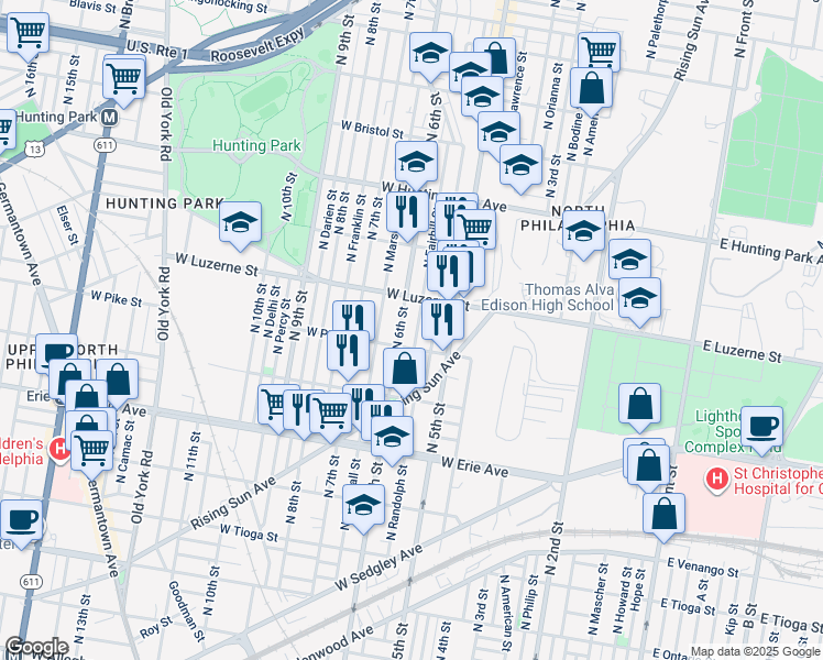 map of restaurants, bars, coffee shops, grocery stores, and more near 3920 North Fairhill Street in Philadelphia