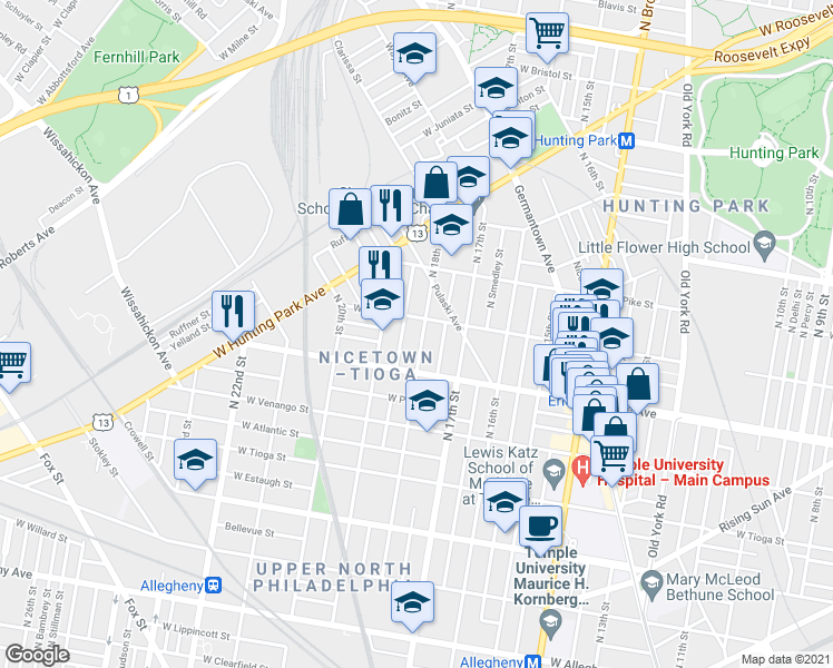 map of restaurants, bars, coffee shops, grocery stores, and more near 3744 North 18th Street in Philadelphia