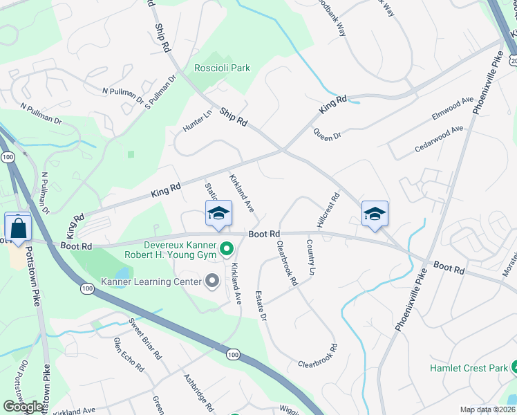 map of restaurants, bars, coffee shops, grocery stores, and more near 1374 Kirkland Avenue in West Chester