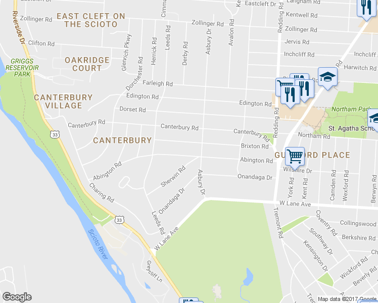 map of restaurants, bars, coffee shops, grocery stores, and more near 2470 Abington Road in Upper Arlington