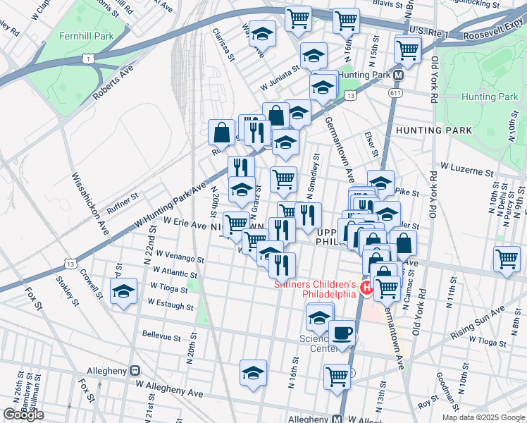 map of restaurants, bars, coffee shops, grocery stores, and more near 3744 North 18th Street in Philadelphia