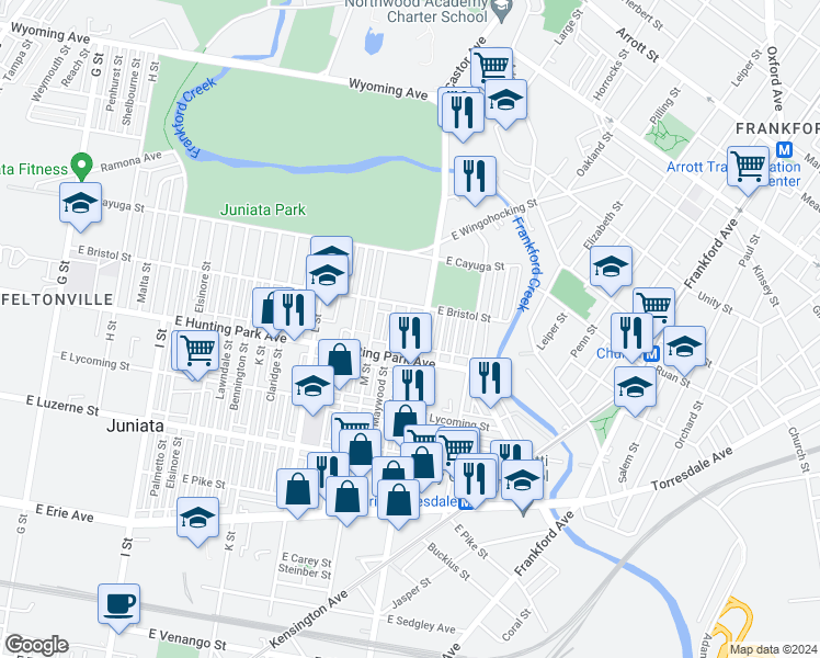map of restaurants, bars, coffee shops, grocery stores, and more near 4235 Markland Street in Philadelphia