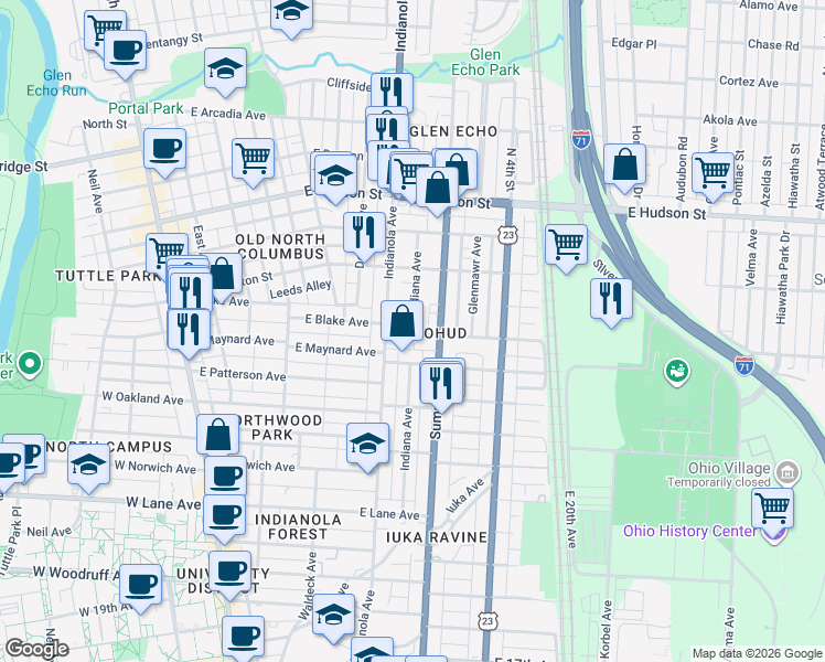 map of restaurants, bars, coffee shops, grocery stores, and more near Indiana Avenue in Columbus