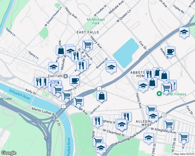 map of restaurants, bars, coffee shops, grocery stores, and more near 3420 Indian Queen Lane in Philadelphia