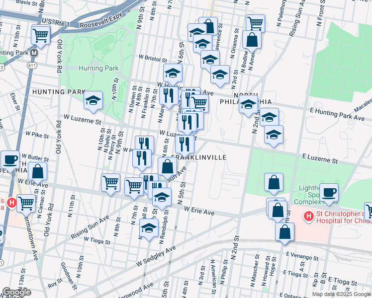 map of restaurants, bars, coffee shops, grocery stores, and more near 3928 North 5th Street in Philadelphia