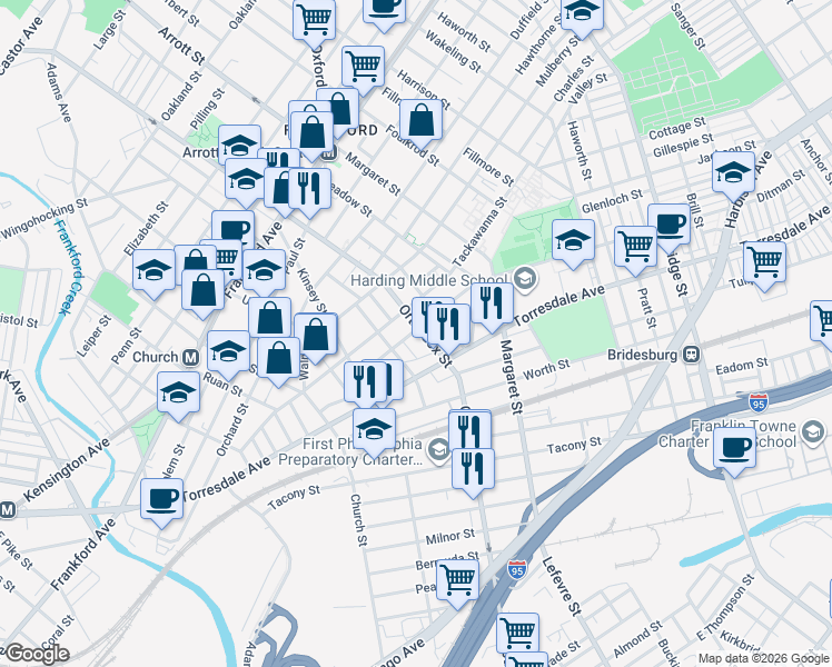 map of restaurants, bars, coffee shops, grocery stores, and more near 4569 Ditman Street in Philadelphia