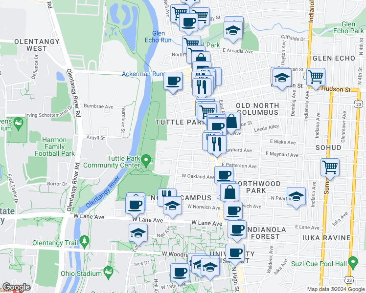 map of restaurants, bars, coffee shops, grocery stores, and more near 104 West Maynard Avenue in Columbus