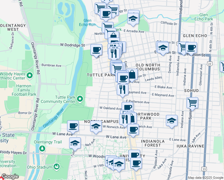map of restaurants, bars, coffee shops, grocery stores, and more near 52 West Maynard Avenue in Columbus
