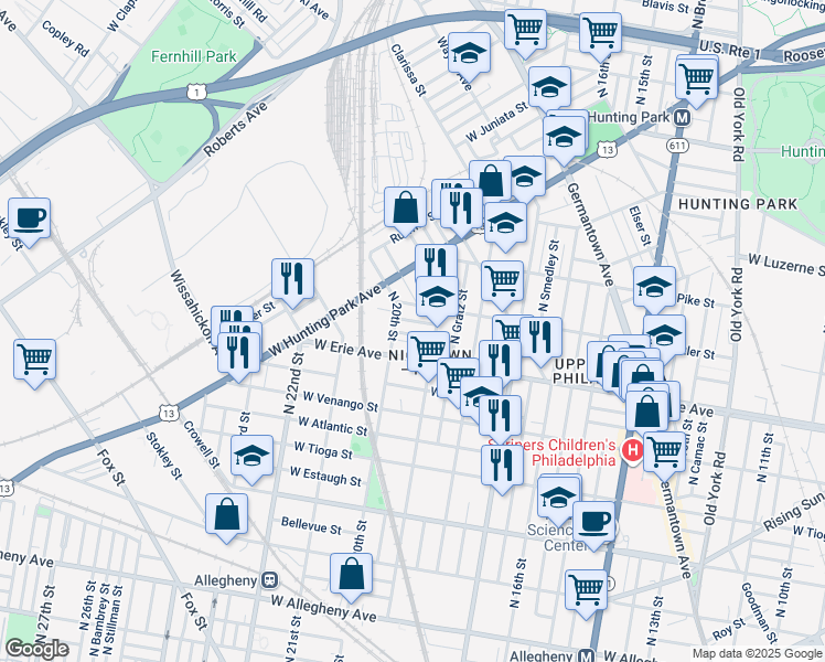 map of restaurants, bars, coffee shops, grocery stores, and more near 1925 West Airdrie Street in Philadelphia