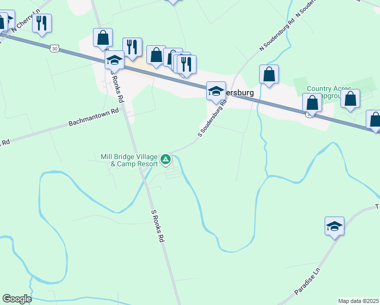 map of restaurants, bars, coffee shops, grocery stores, and more near 53 South Soudersburg Road in Ronks