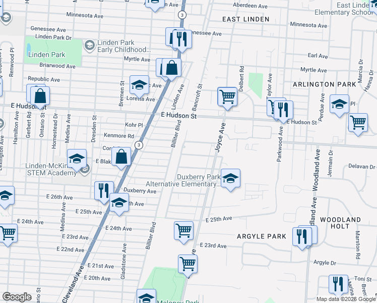 map of restaurants, bars, coffee shops, grocery stores, and more near 1661 Cordell Avenue in Columbus