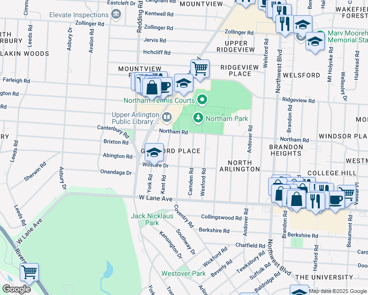 map of restaurants, bars, coffee shops, grocery stores, and more near 2697 Camden Road in Columbus