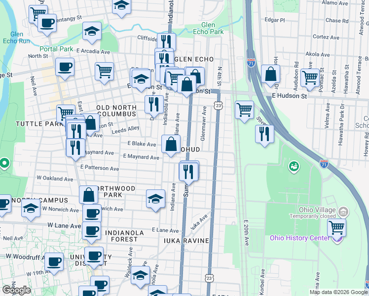 map of restaurants, bars, coffee shops, grocery stores, and more near in Columbus