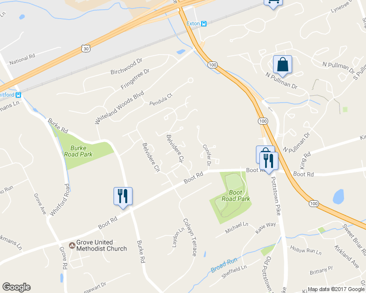 map of restaurants, bars, coffee shops, grocery stores, and more near 452 Cardigan Terrace in West Chester