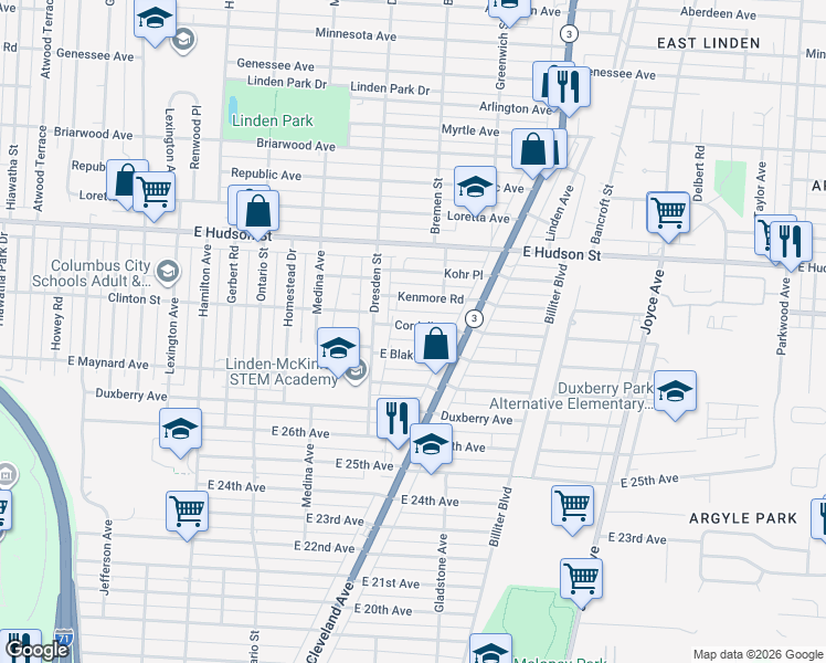 map of restaurants, bars, coffee shops, grocery stores, and more near 1439 Cordell Avenue in Columbus