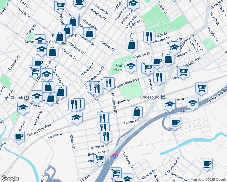map of restaurants, bars, coffee shops, grocery stores, and more near 2069 Margaret Street in Philadelphia