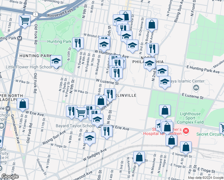 map of restaurants, bars, coffee shops, grocery stores, and more near 3928 North 5th Street in Philadelphia